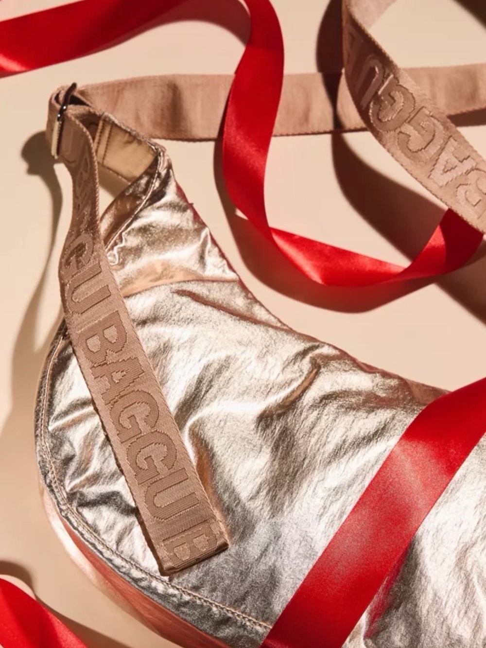 BAGGU Metallic Silver Shoulder Sling with Beige Branded Strap